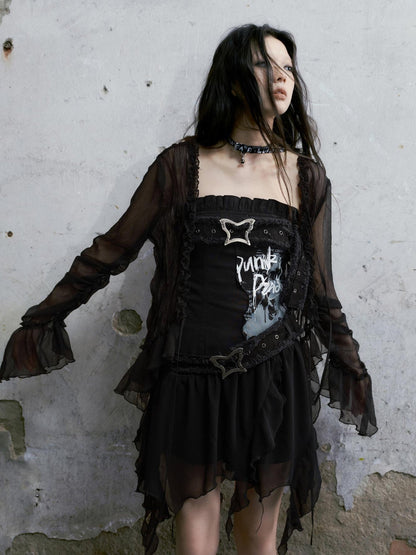 Cest Nous Punk Graffiti Bow Corset V-Neck T-Shirt Long-Sleeve Mini Dress