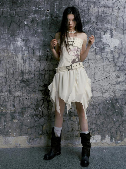 Punk Graffiti Bow Corset V-Neck T-Shirt Long-Sleeve Mini Dress