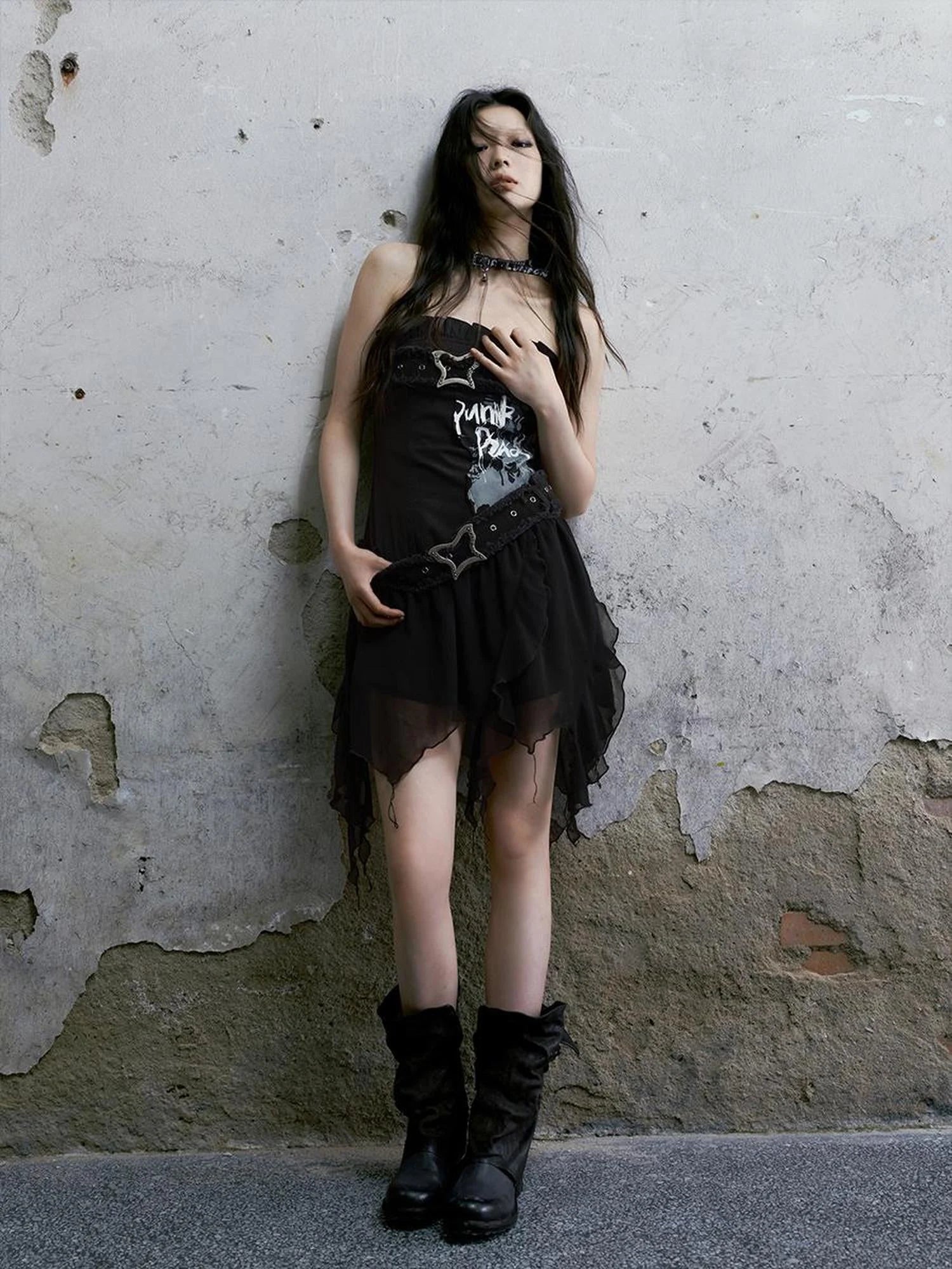 Punk Graffiti Bow Corset V-Neck T-Shirt Long-Sleeve Mini Dress