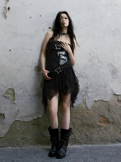 Punk Graffiti Bow Corset V-Neck T-Shirt Long-Sleeve Mini Dress