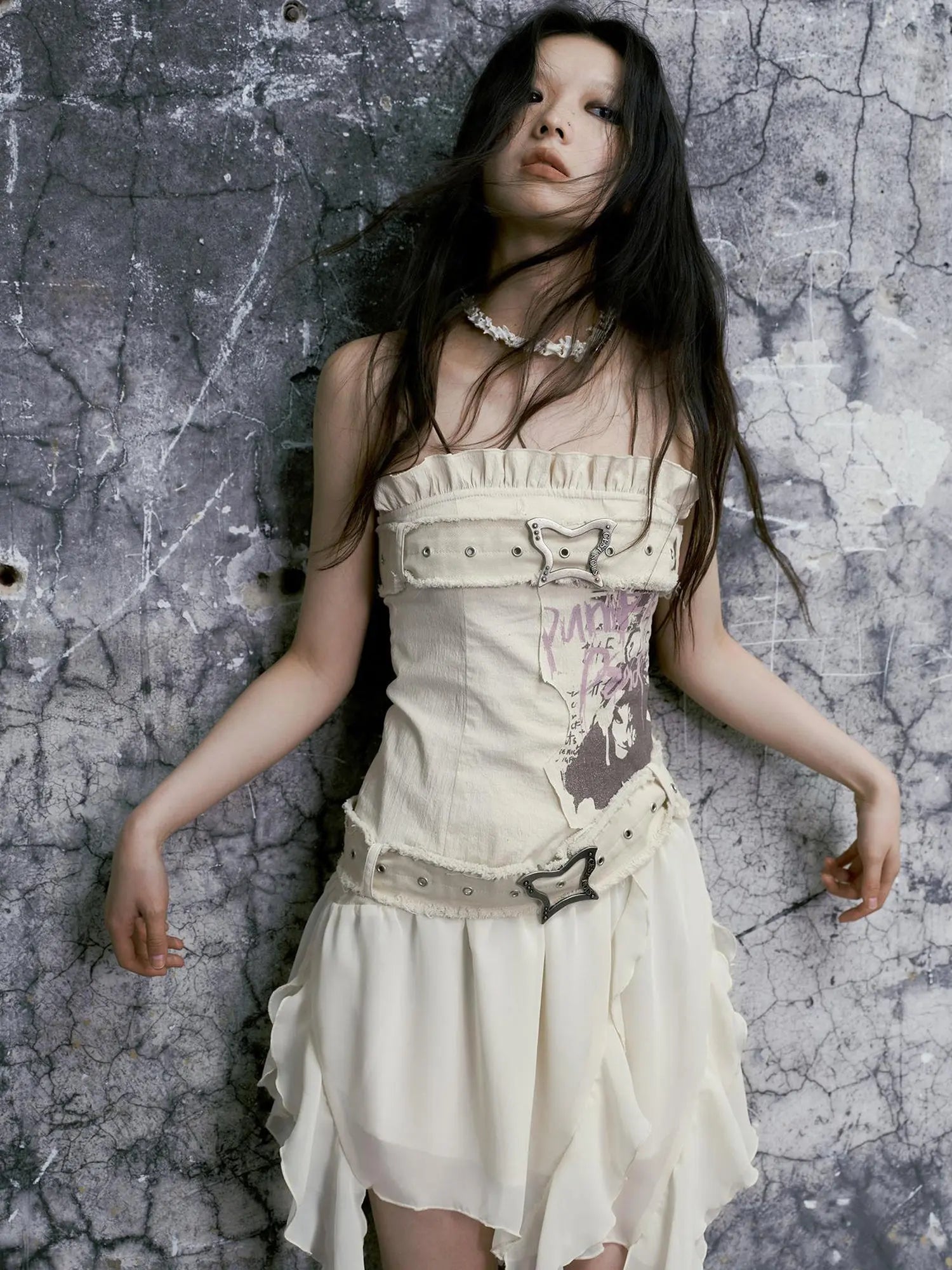 Punk Graffiti Bow Corset V-Neck T-Shirt Long-Sleeve Mini Dress