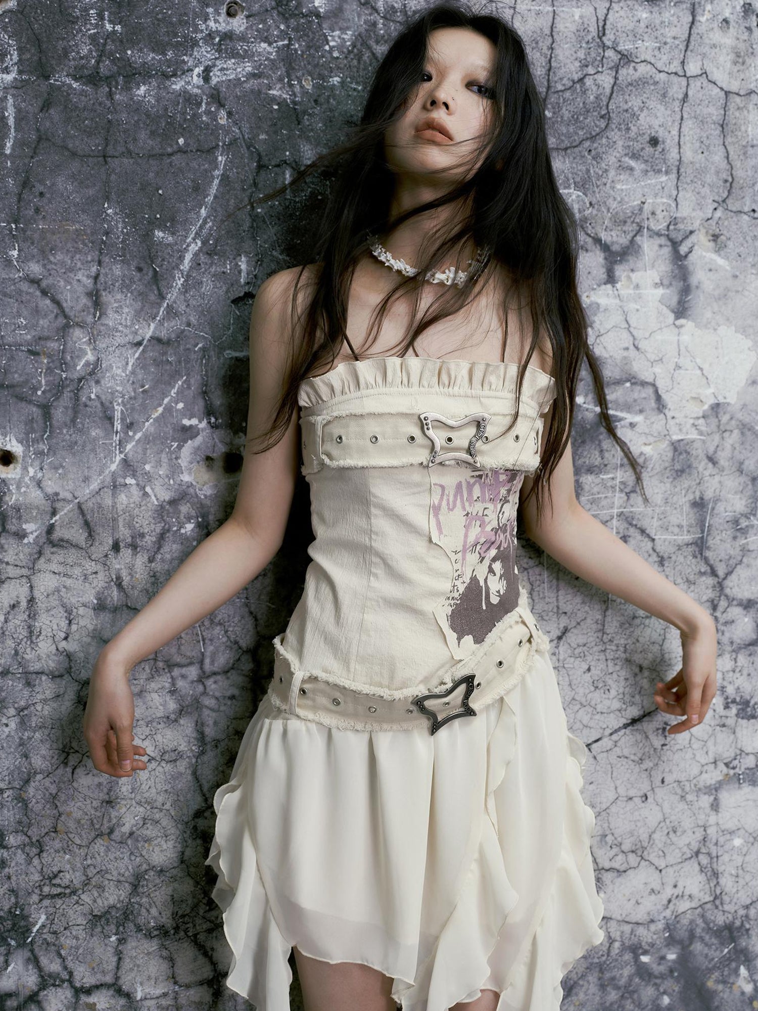 Cest Nous Punk Graffiti Bow Corset V-Neck T-Shirt Long-Sleeve Mini Dress
