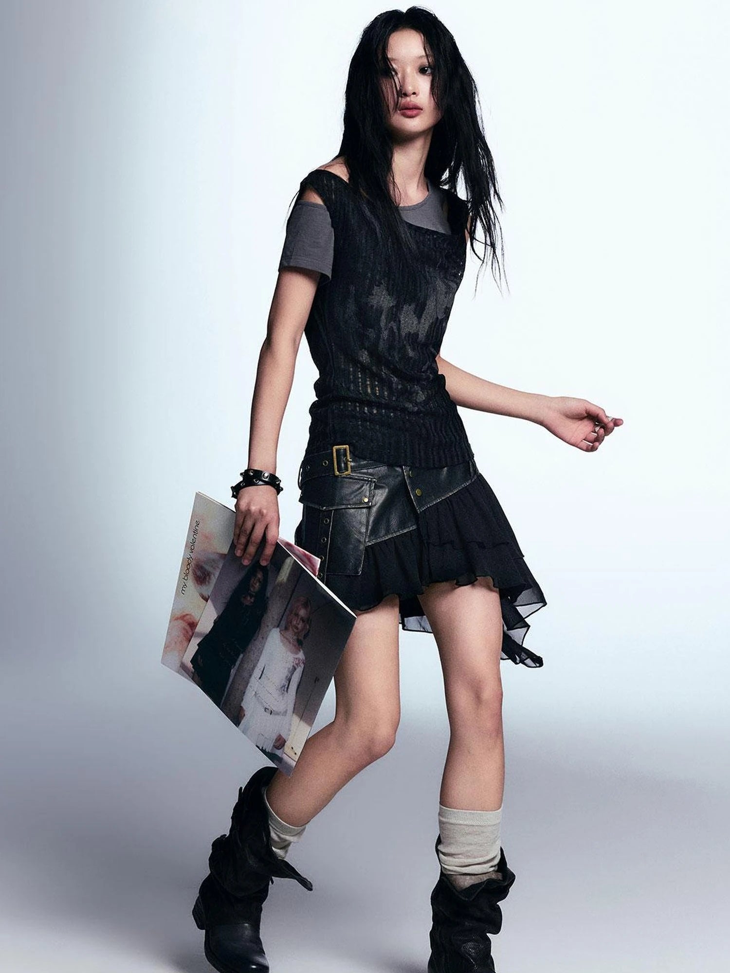 Punk Graffiti Print Tee Asymmetric Vest Layered Top