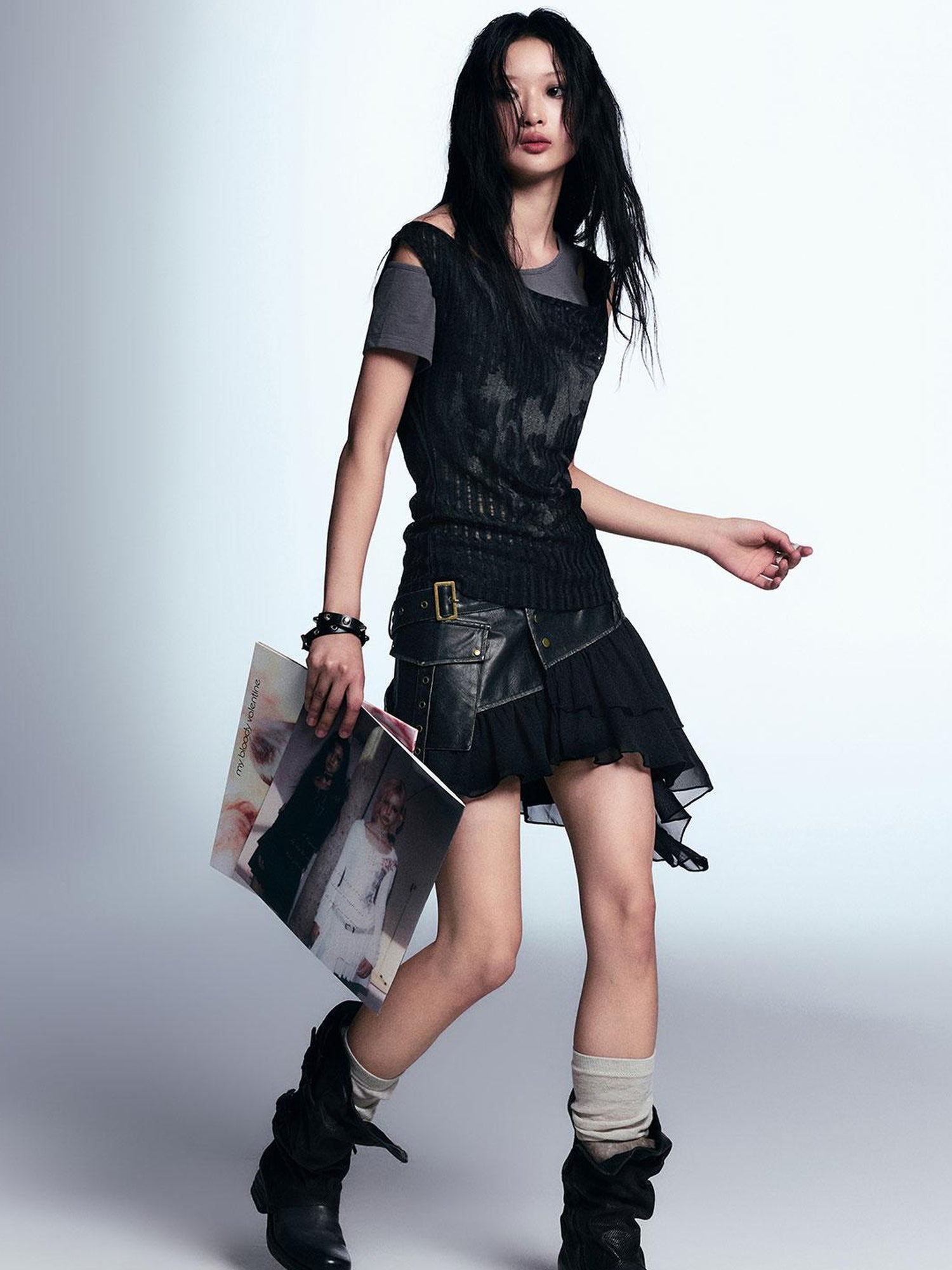 Cest Nous Punk Graffiti Print Tee Asymmetric Vest Layered Top