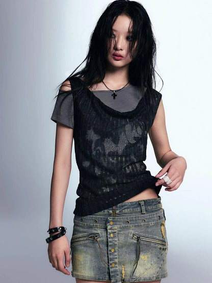 Punk Graffiti Print Tee Asymmetric Vest Layered Top