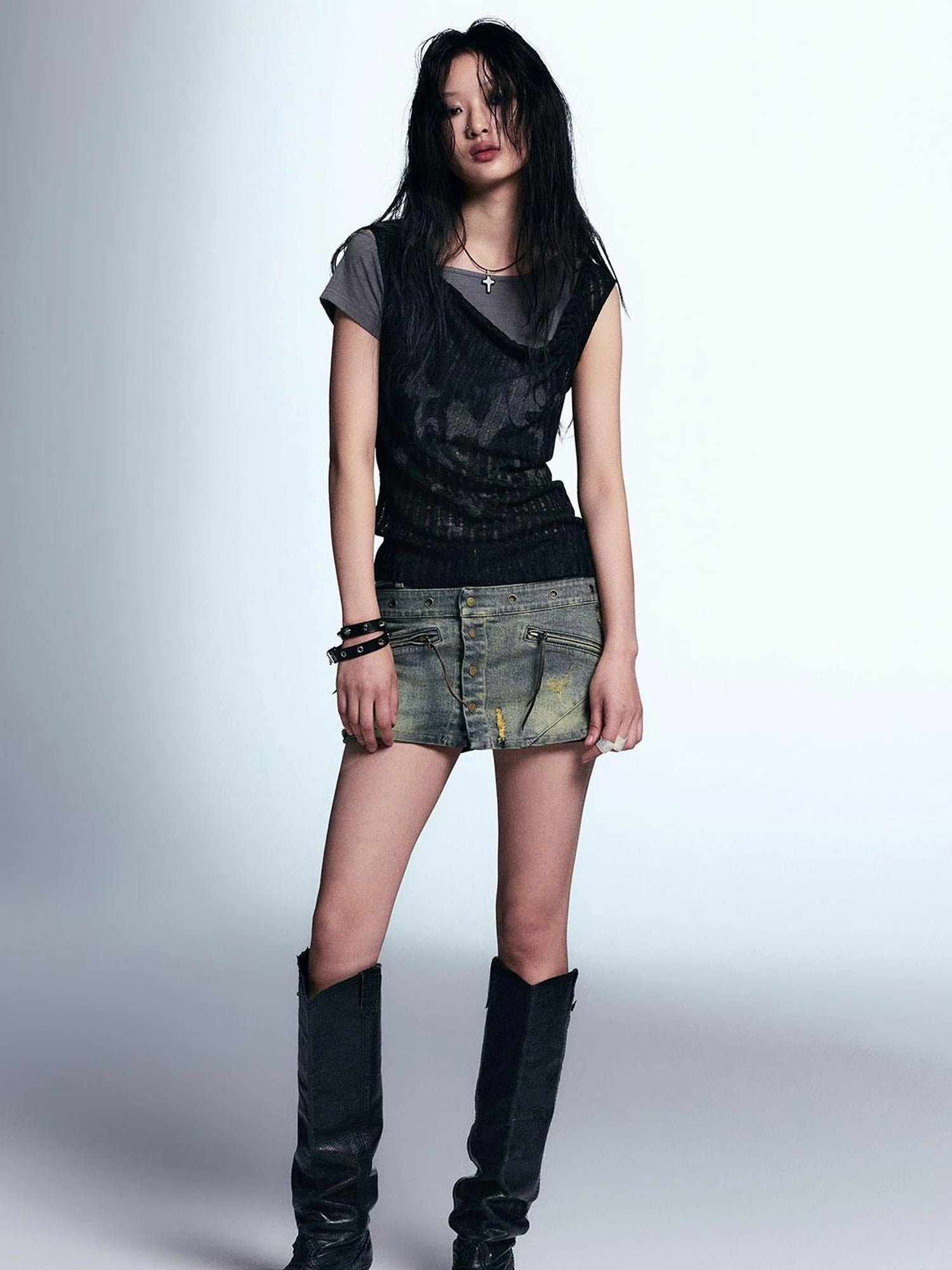 Punk Graffiti Print Tee Asymmetric Vest Layered Top