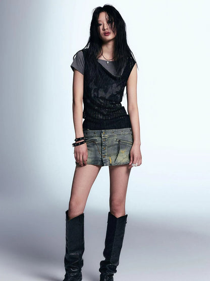 Punk Graffiti Print Tee Asymmetric Vest Layered Top