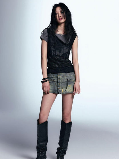 Cest Nous Punk Graffiti Print Tee Asymmetric Vest Layered Top