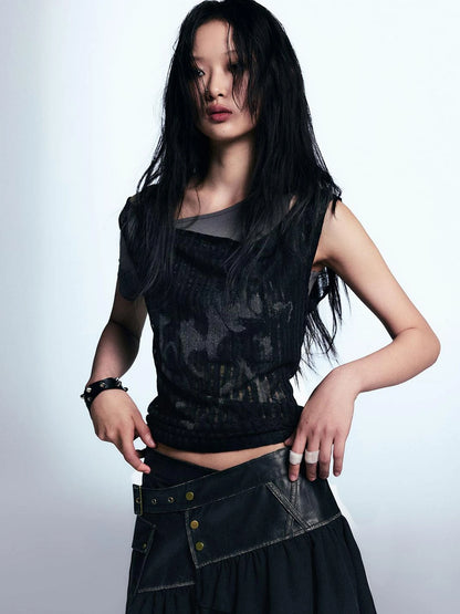 Punk Graffiti Print Tee Asymmetric Vest Layered Top