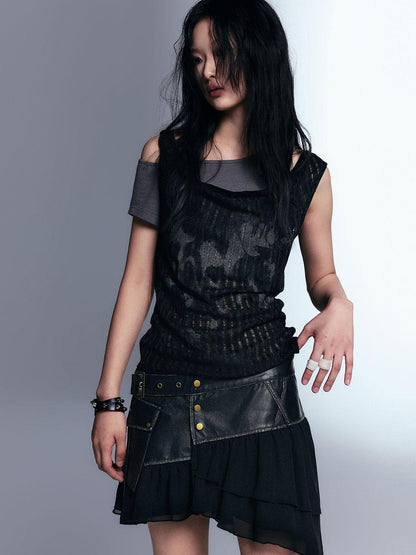 Cest Nous Punk Graffiti Print Tee Asymmetric Vest Layered Top
