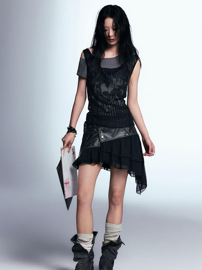 Cest Nous Punk Graffiti Print Tee Asymmetric Vest Layered Top