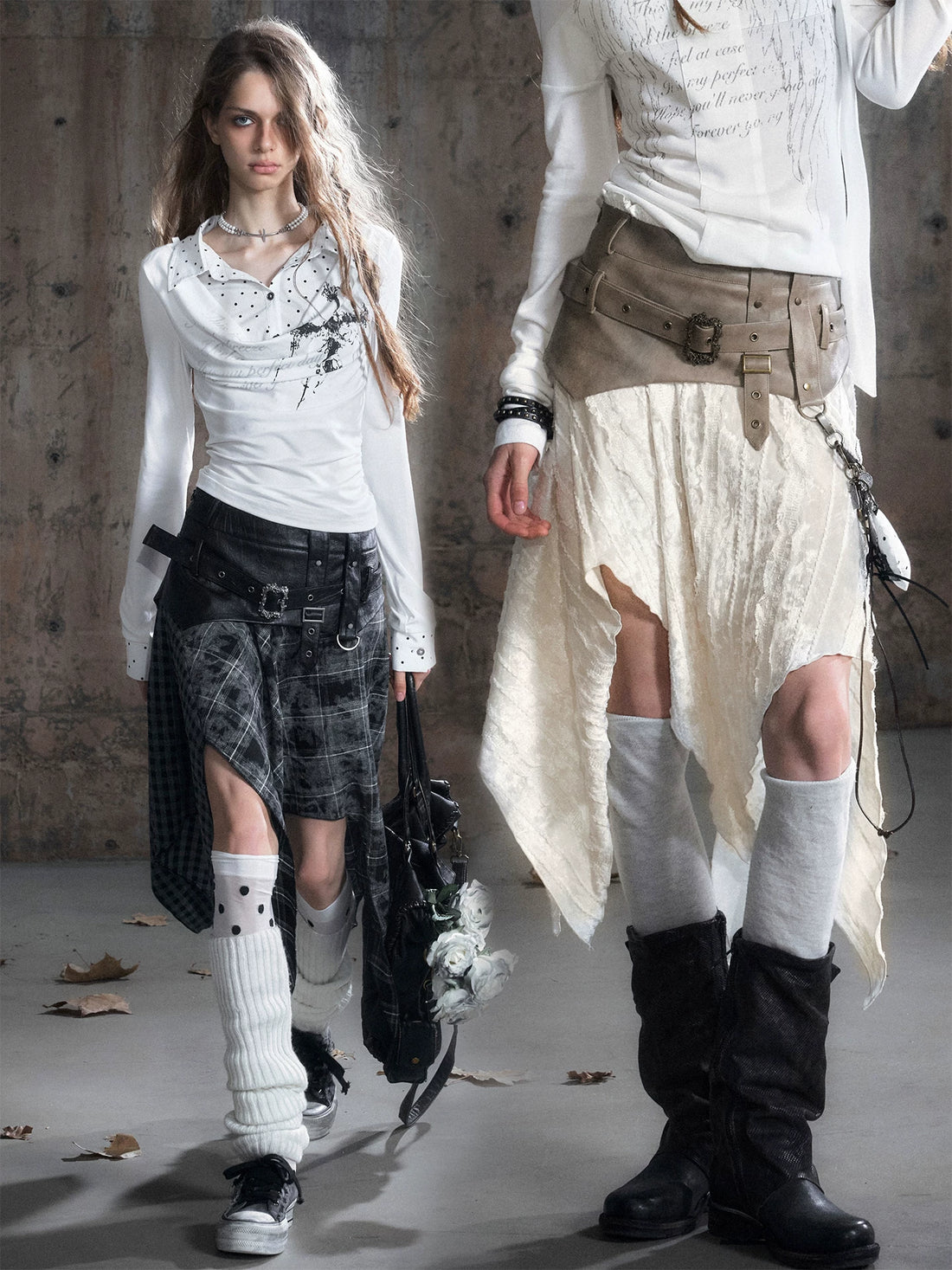 Cest Nous Punk Patchwork Velvet Skirt With Asymmetric Plaid Hem-1