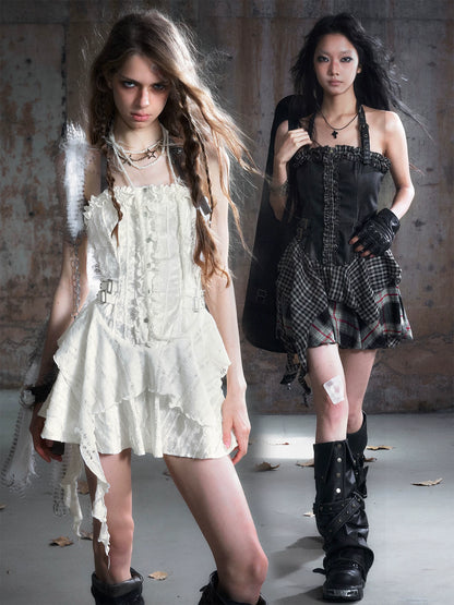 Cest Nous Punk Plaid Velvet Slip V-neck Dress-1