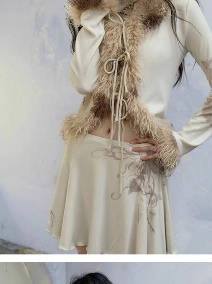 Punk Poetry Abstract Print Fur Trimmed Cardigan Set