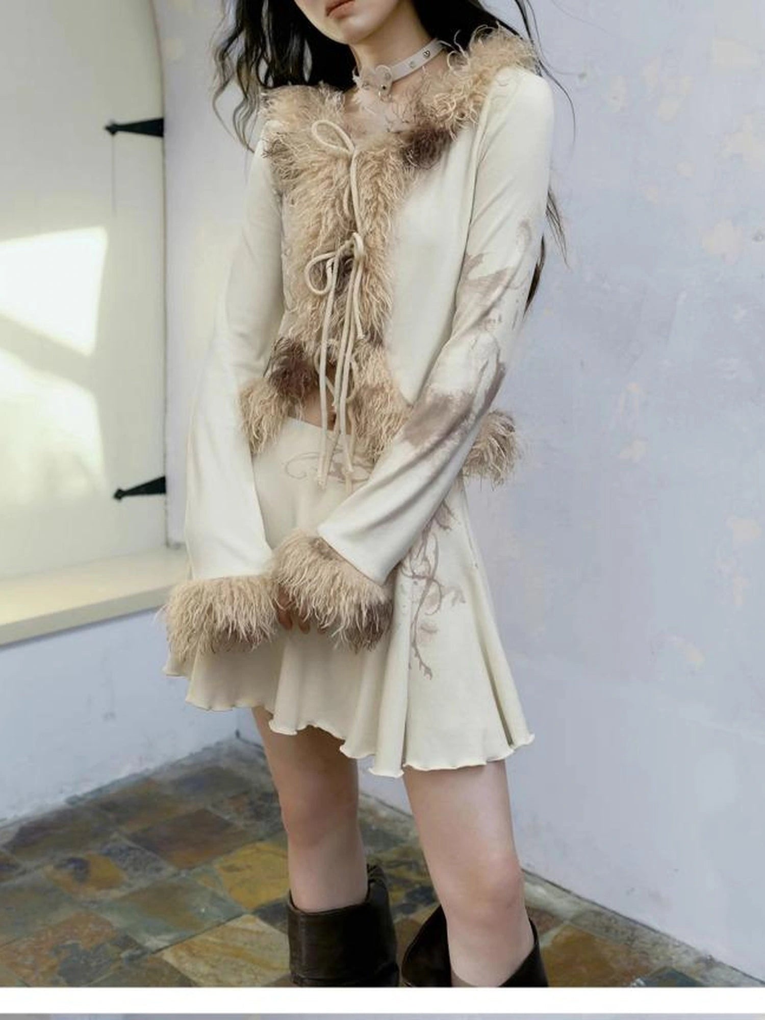 Punk Poetry Abstract Print Fur Trimmed Cardigan Set