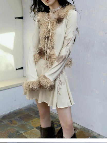 Punk Poetry Abstract Print Fur Trimmed Cardigan Set