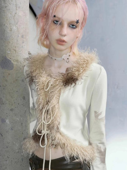 Punk Poetry Abstract Print Fur Trimmed Cardigan Set