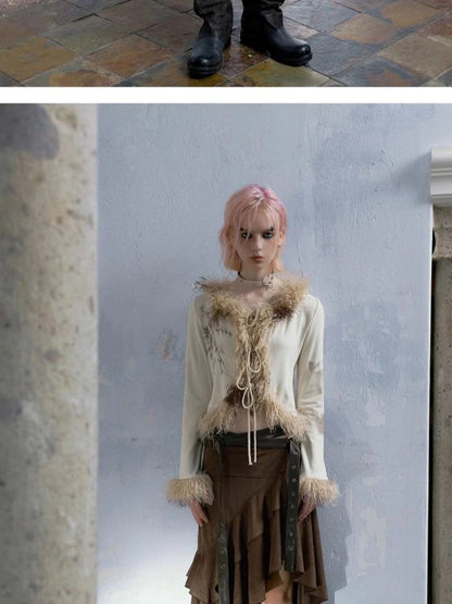 Punk Poetry Abstract Print Fur Trimmed Cardigan Set