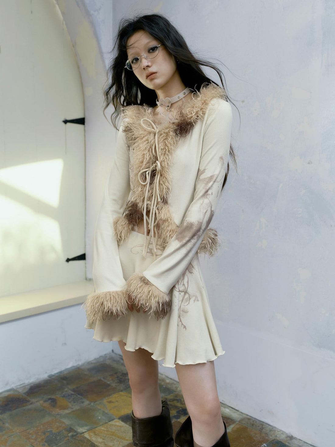 Cest Nous Punk Poetry Abstract Print Fur Trimmed Cardigan Set