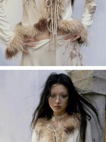 Punk Poetry Abstract Print Fur Trimmed Cardigan Set