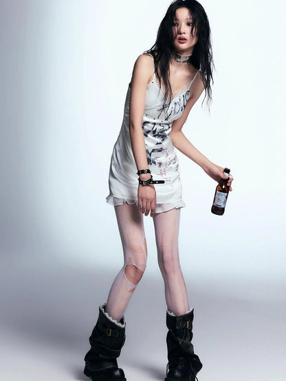 Punk Print Satin Slip Dress With Lace Trim