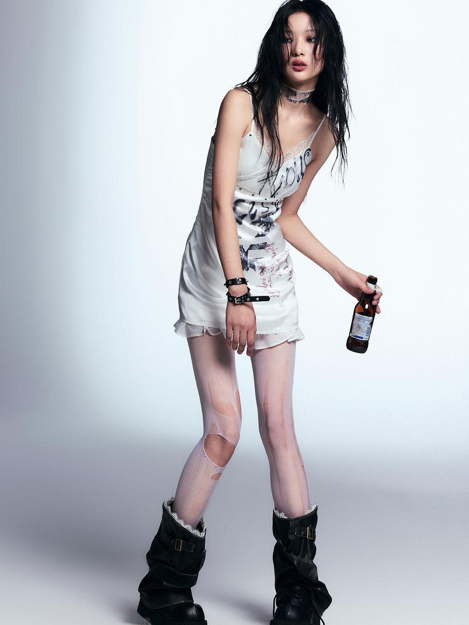 Cest Nous Punk Print Satin Slip Dress With Lace Trim