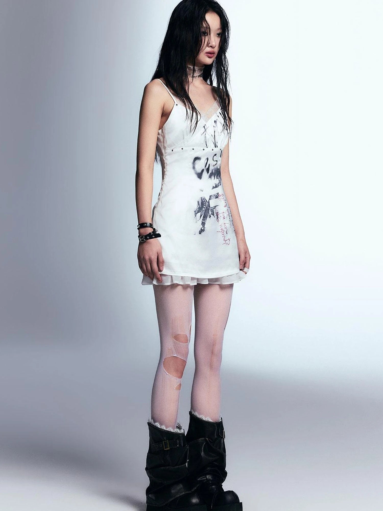 Punk Print Satin Slip Dress With Lace Trim