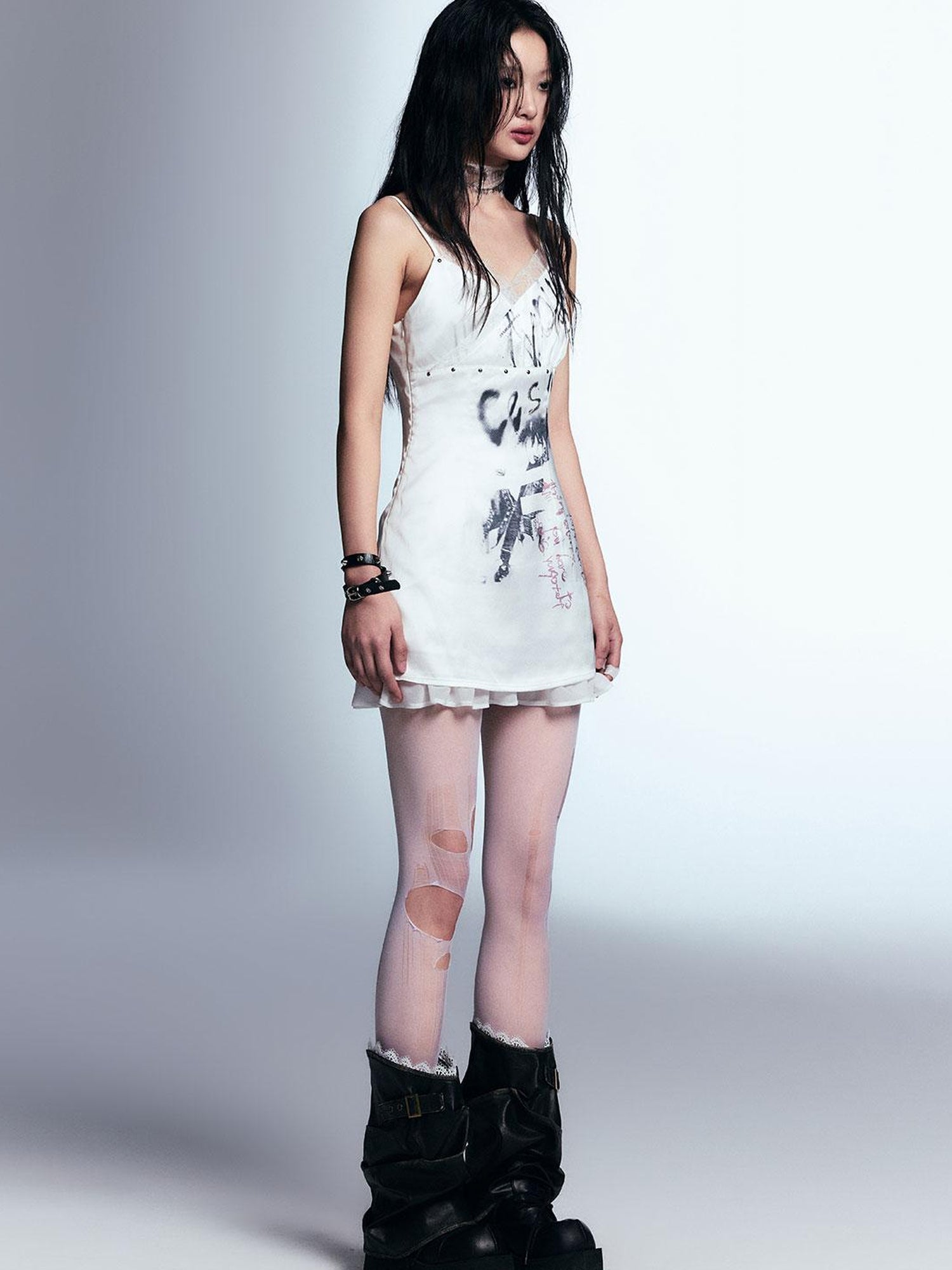 Cest Nous Punk Print Satin Slip Dress With Lace Trim