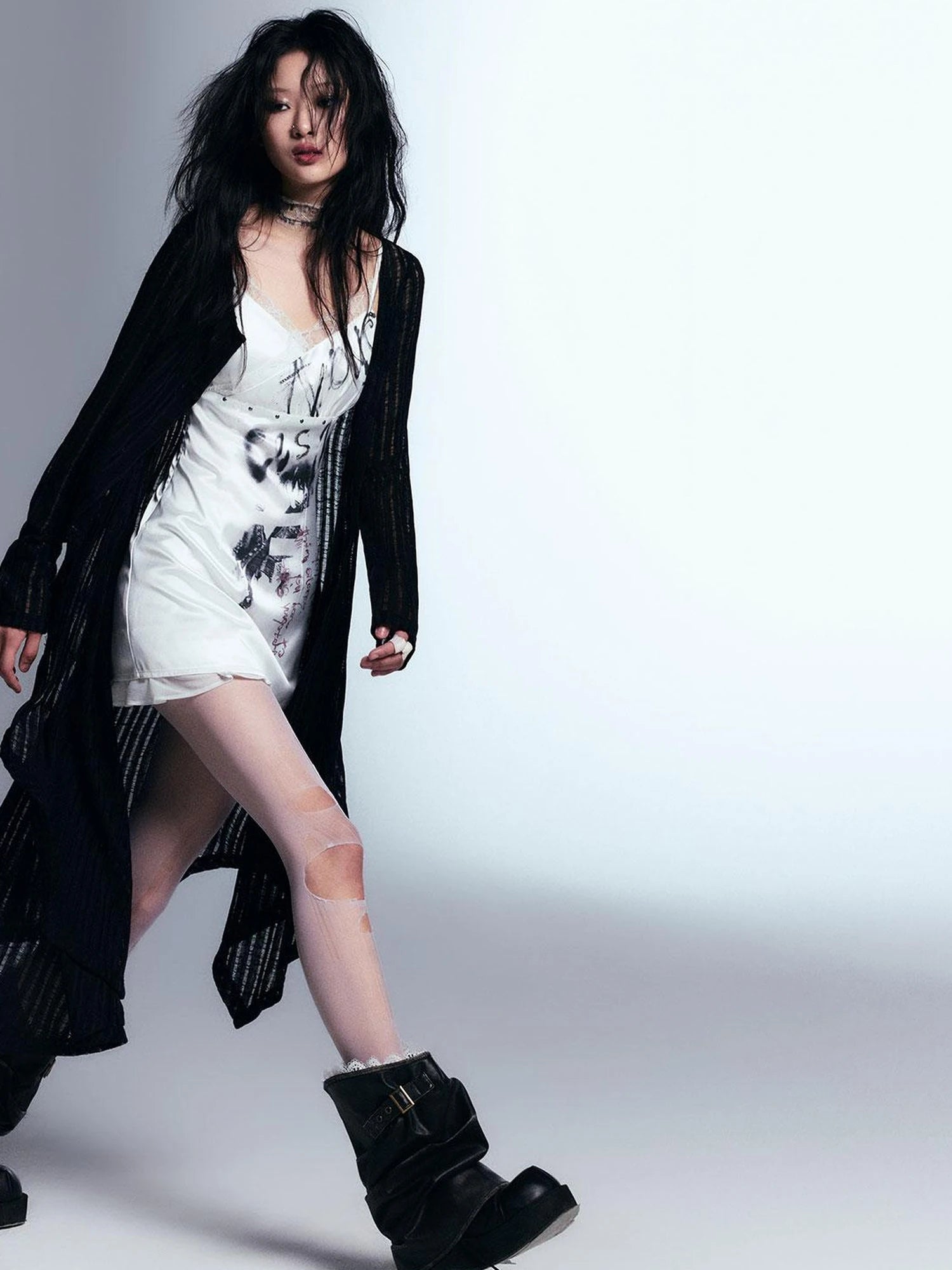 Punk Print Satin Slip Dress With Lace Trim