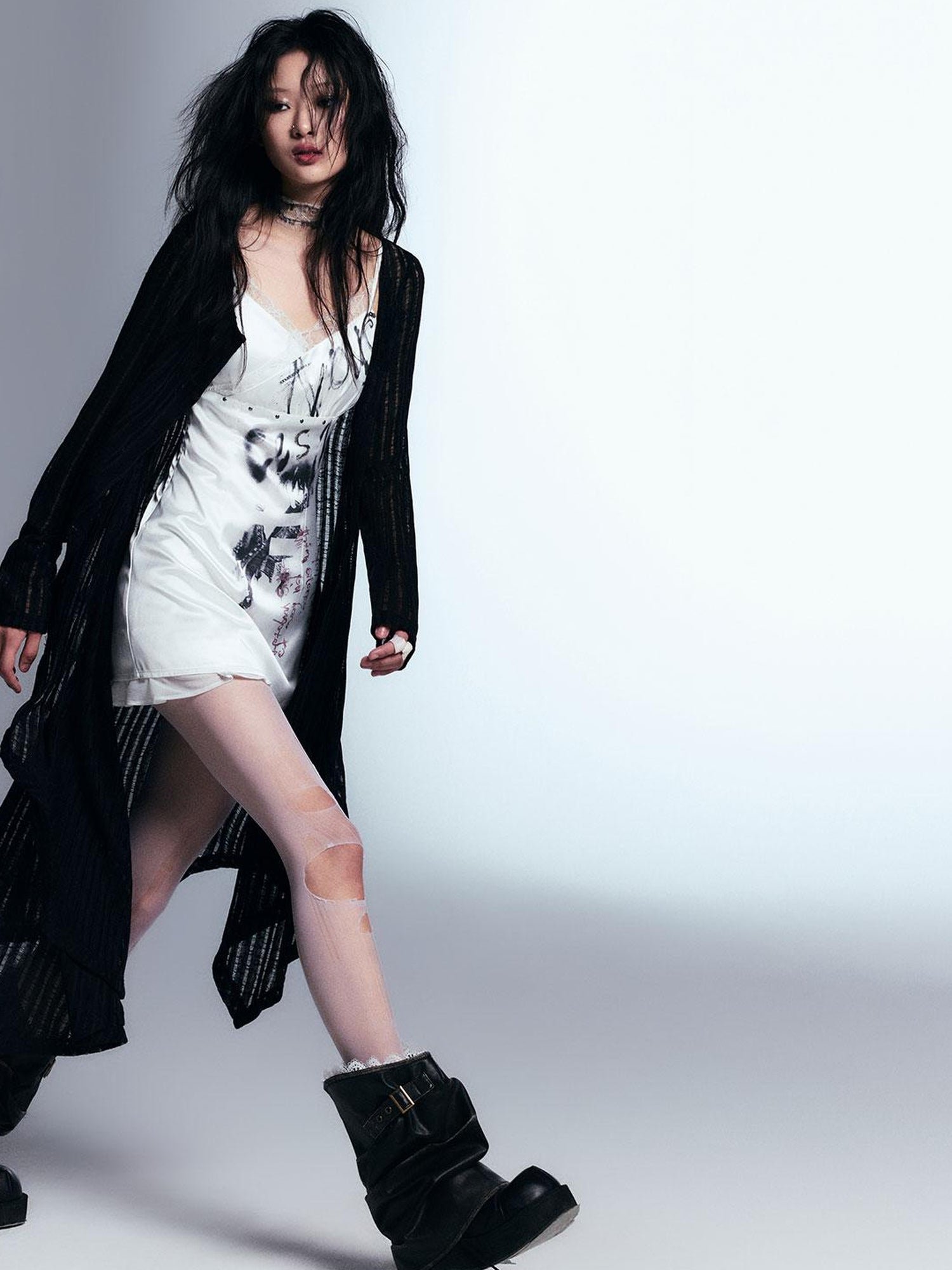 Cest Nous Punk Print Satin Slip Dress With Lace Trim