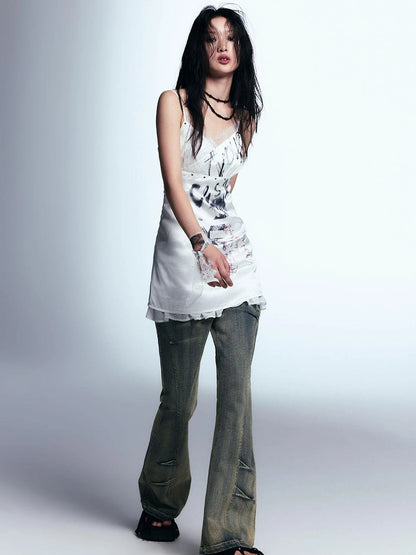 Punk Print Satin Slip Dress With Lace Trim