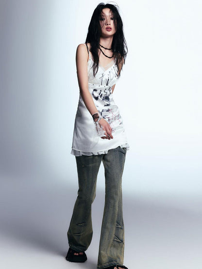 Cest Nous Punk Print Satin Slip Dress With Lace Trim