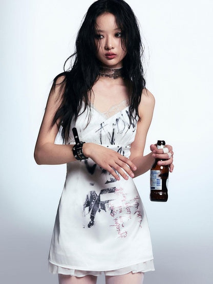 Cest Nous Punk Print Satin Slip Dress With Lace Trim