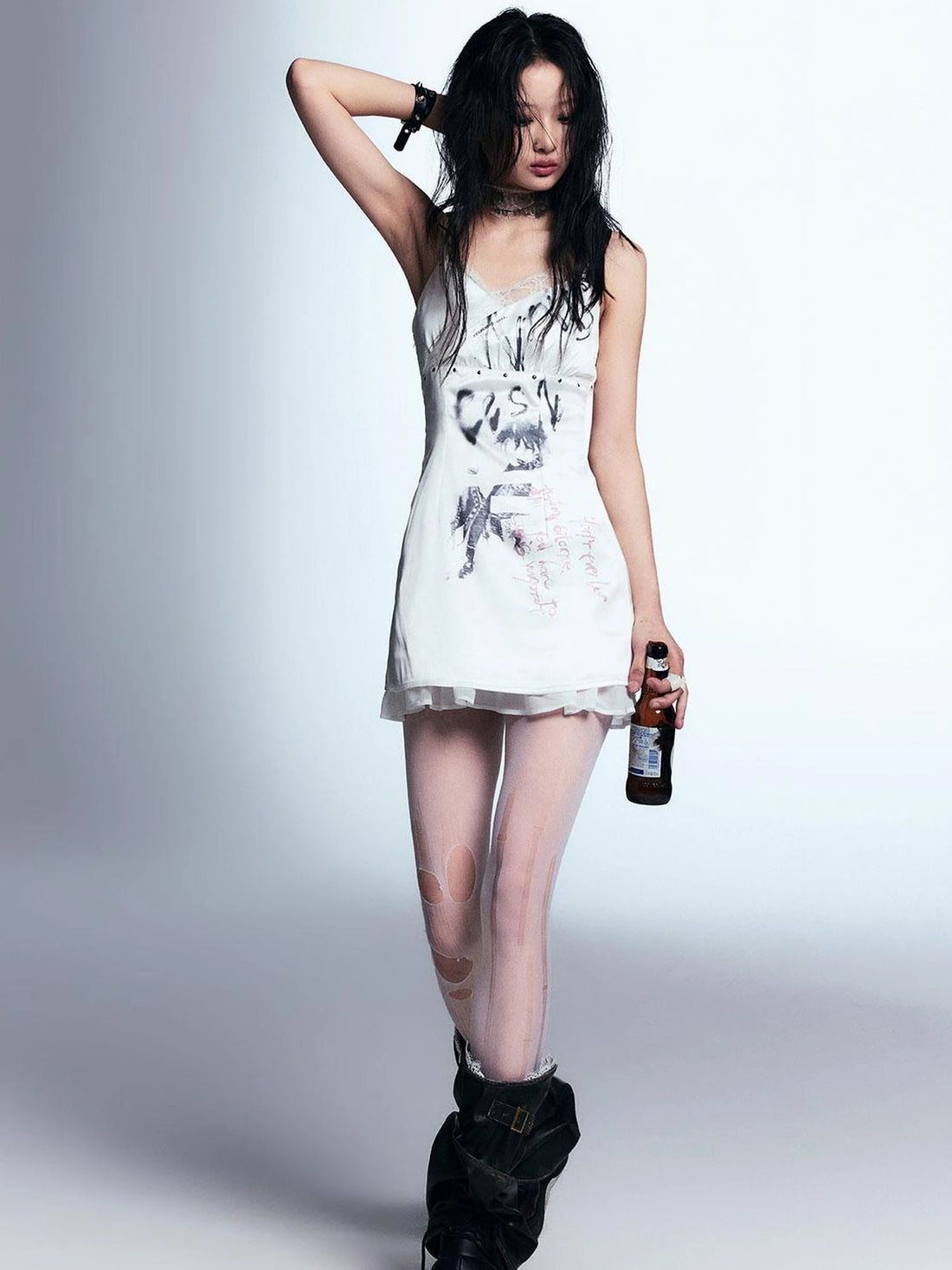 Punk Print Satin Slip Dress With Lace Trim