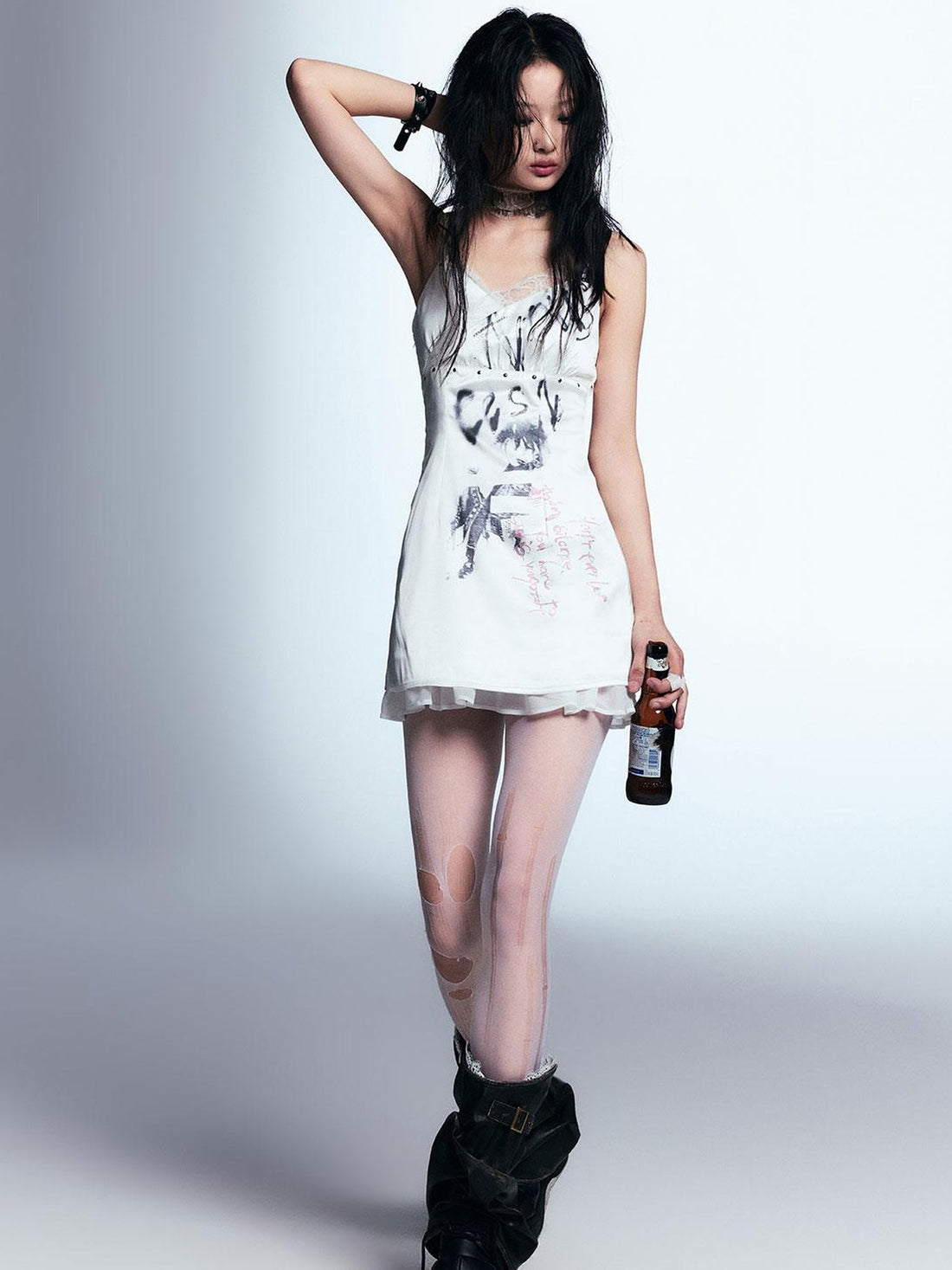 Cest Nous Punk Print Satin Slip Dress With Lace Trim