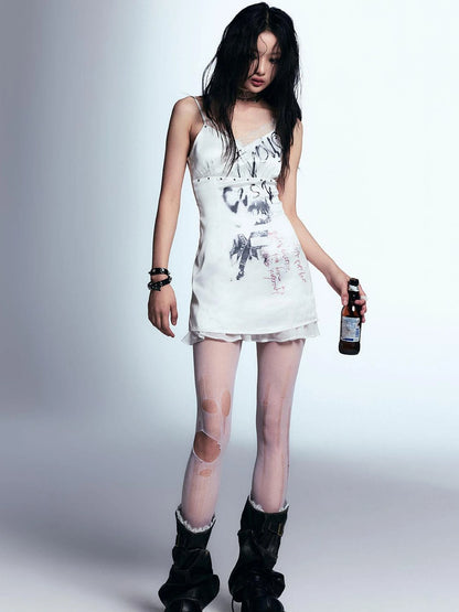 Punk Print Satin Slip Dress With Lace Trim