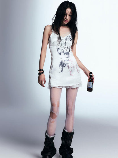 Cest Nous Punk Print Satin Slip Dress With Lace Trim