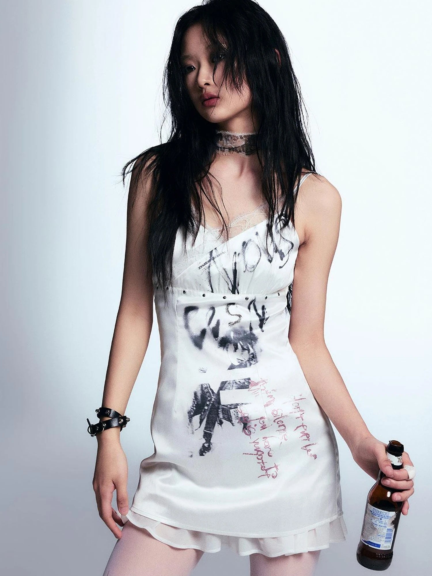 Punk Print Satin Slip Dress With Lace Trim