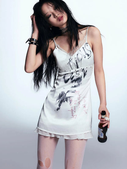 Punk Print Satin Slip Dress With Lace Trim