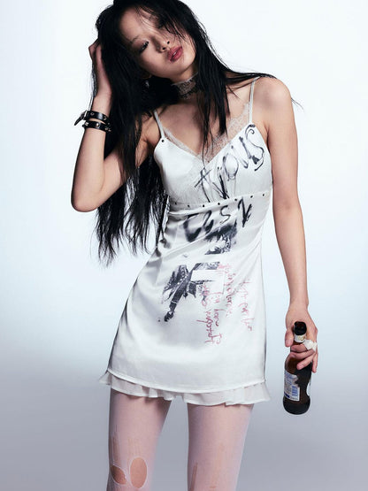 Cest Nous Punk Print Satin Slip Dress With Lace Trim