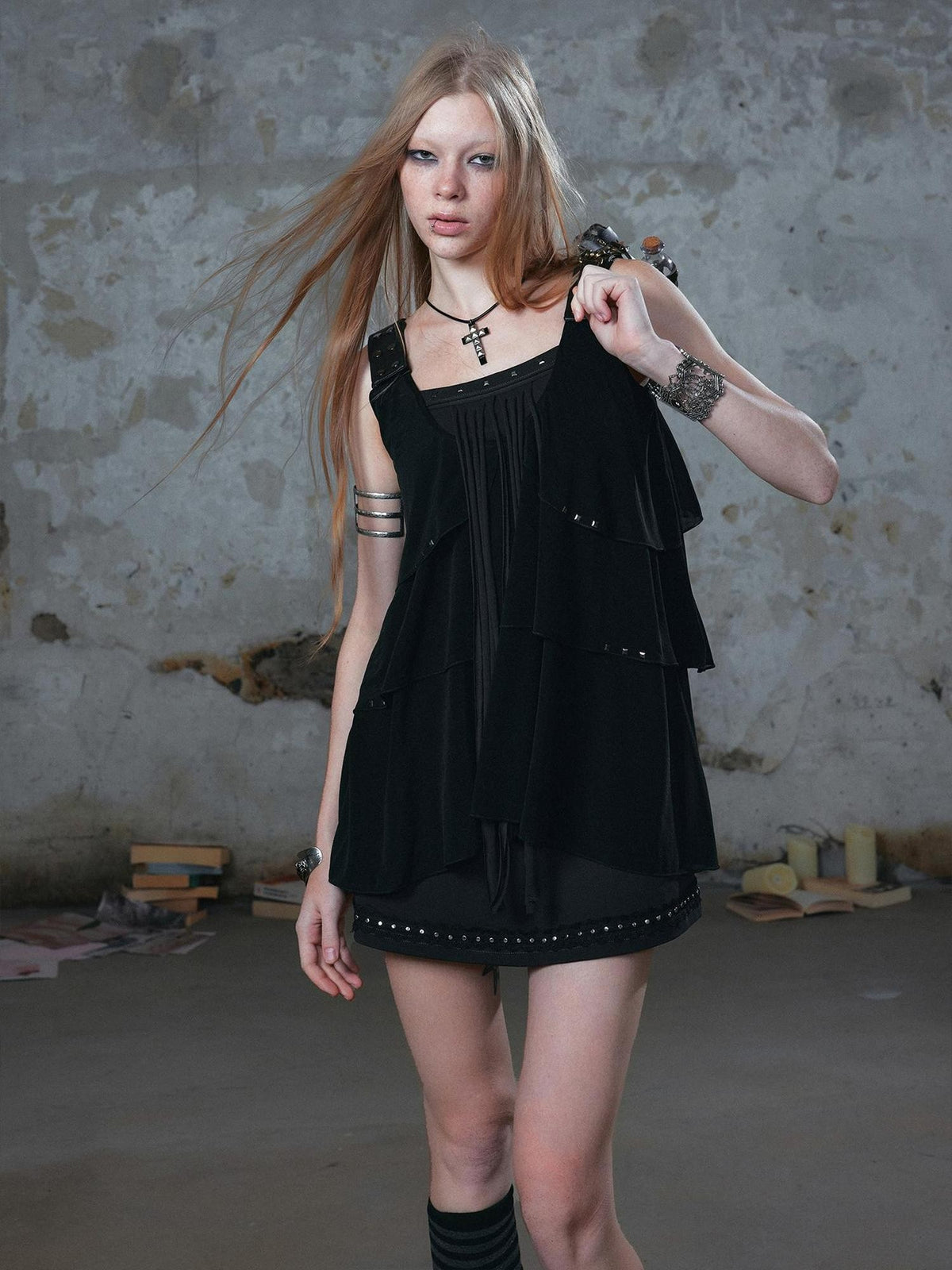 Cest Nous Punk Romantic Ruffle Stud Tassel Patchwork Women&