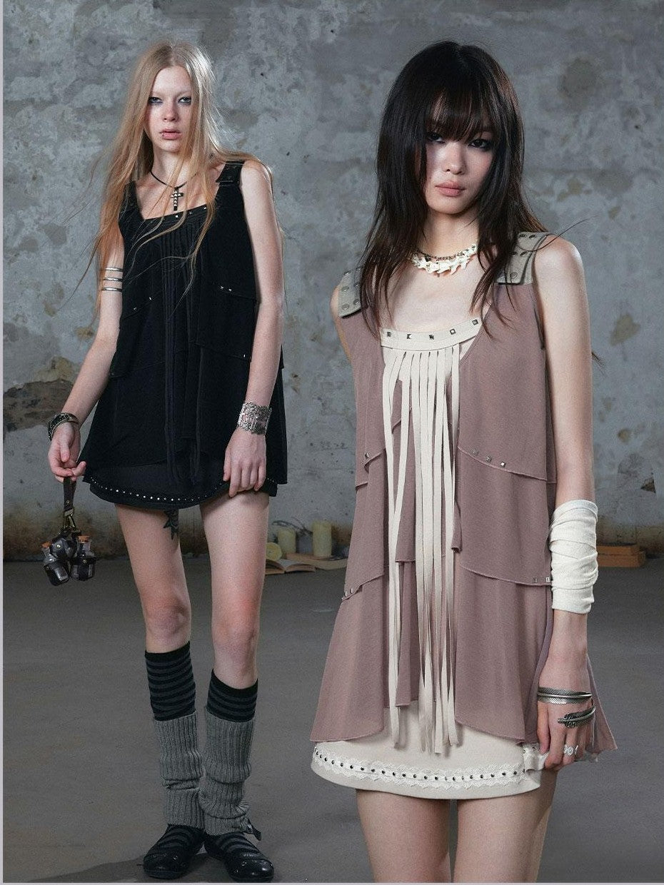 Cest Nous Punk Romantic Ruffle Stud Tassel Patchwork Women&