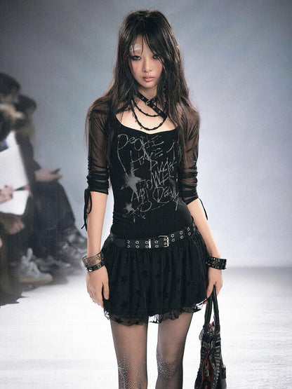 Cest Nous Punk Star Print Raglan Sleeve Puff Women&
