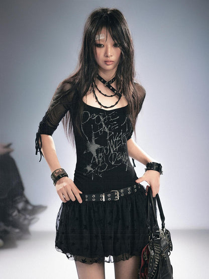 Cest Nous Punk Star Print Raglan Sleeve Puff Women&
