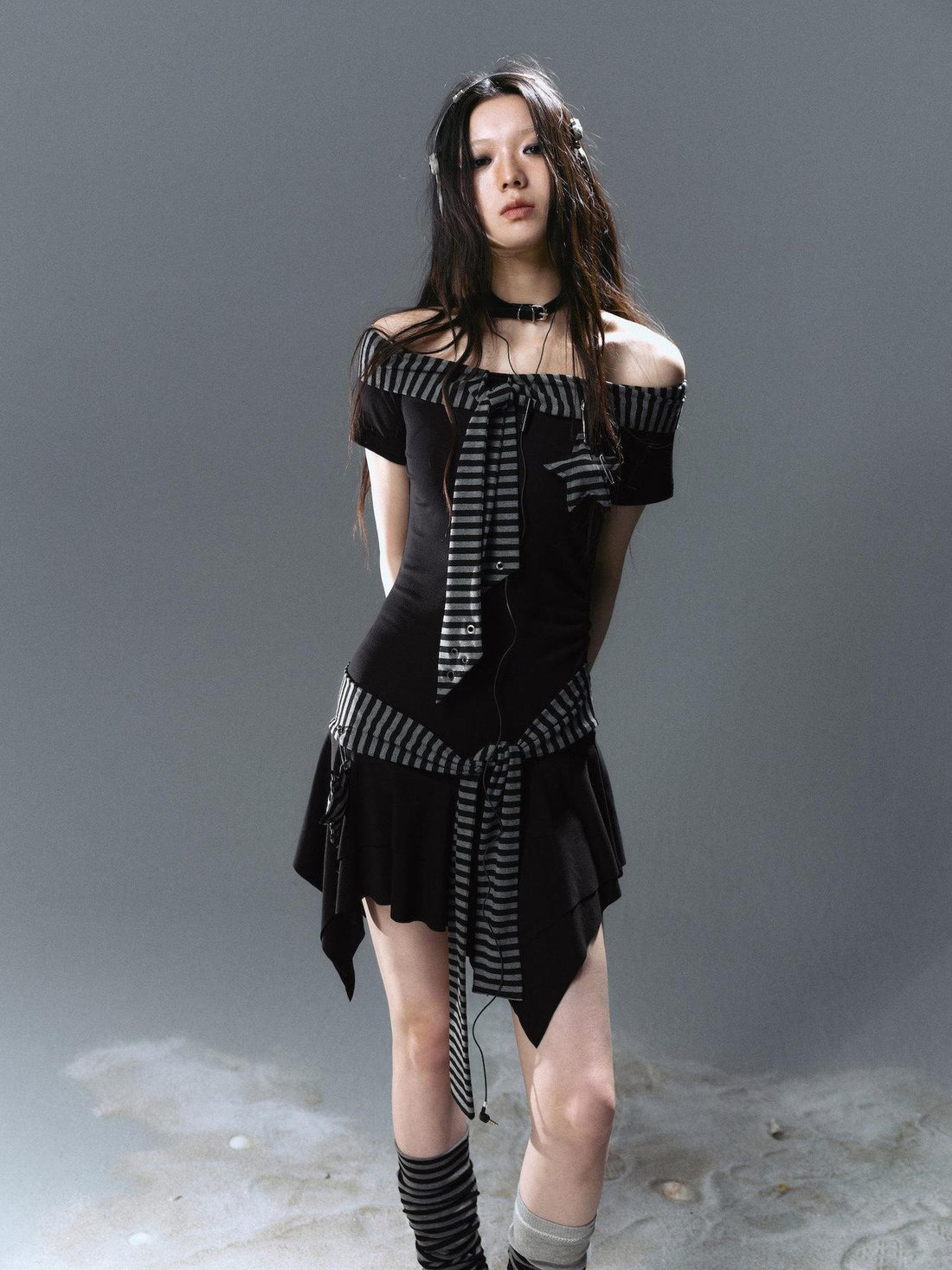 Cest Nous Punk Starfish Striped Lace Up Off Shoulder Women&