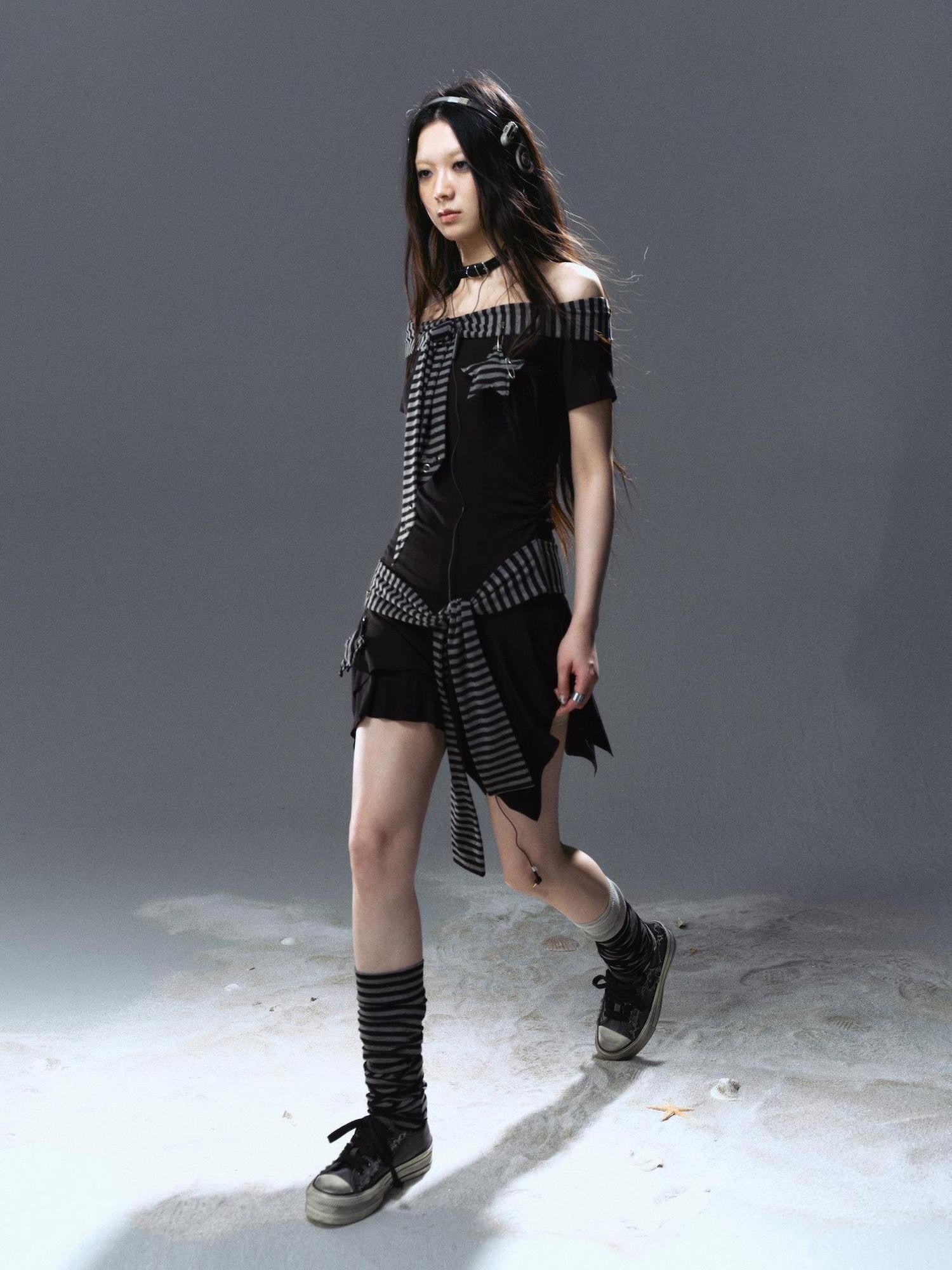 Cest Nous Punk Starfish Striped Lace Up Off Shoulder Women&