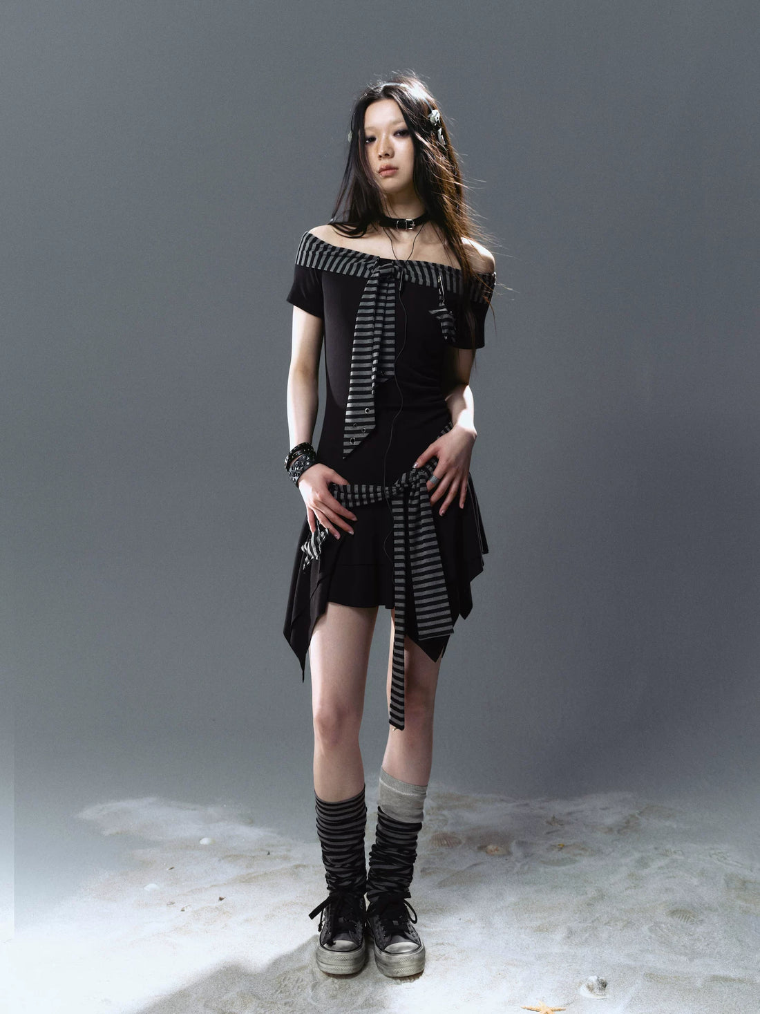 Cest Nous Punk Starfish Striped Lace Up Off Shoulder Women&