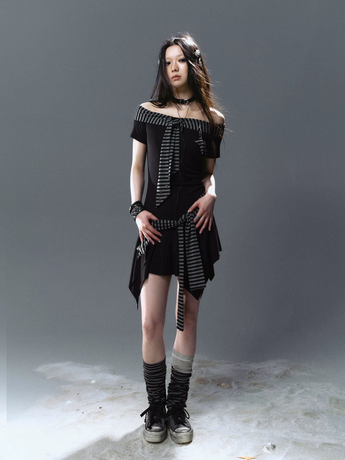 Cest Nous Punk Starfish Striped Lace Up Off Shoulder Women&