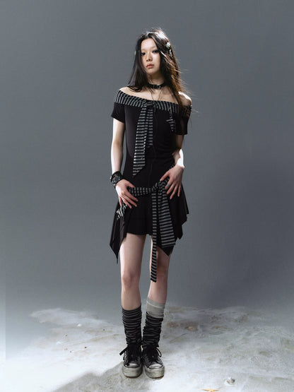 Cest Nous Punk Starfish Striped Lace Up Off Shoulder Women&