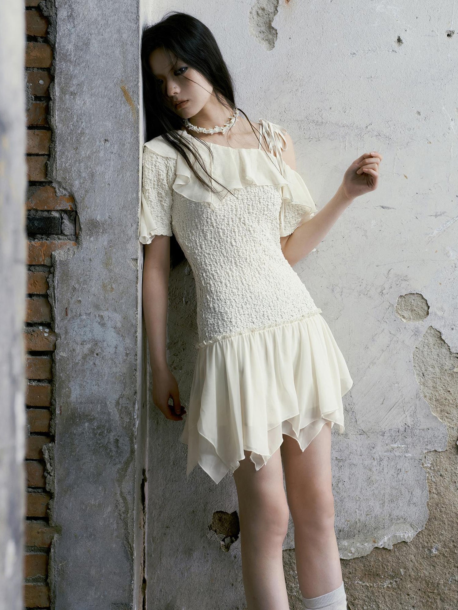 Cest Nous Punk Wave Off Shoulder Knitted Chiffon Dress